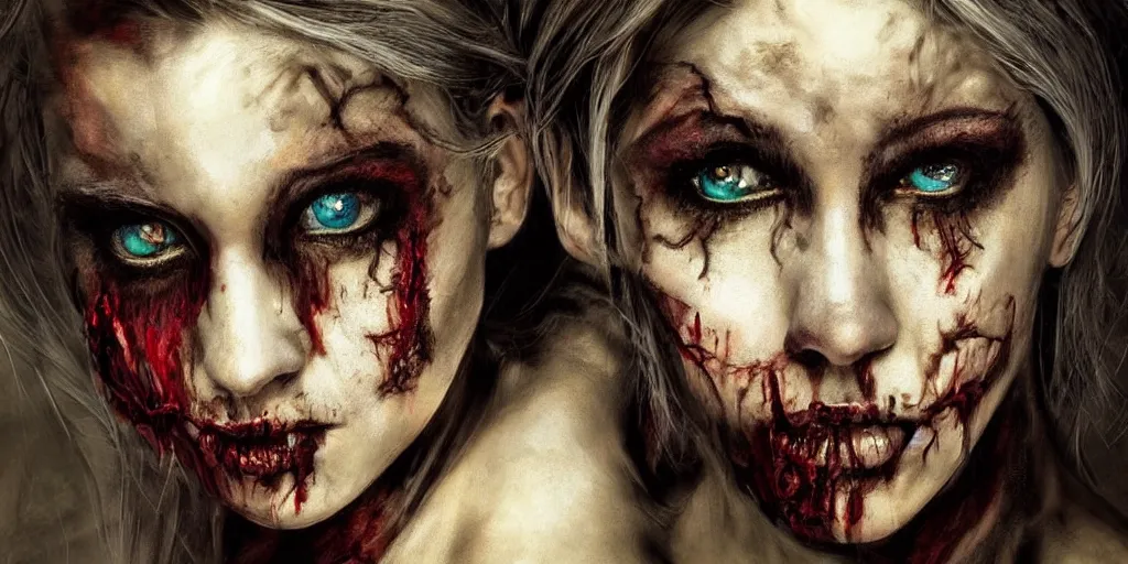 Image similar to portrait art, the most beautiful androgenous zombies, seductive, detailed striking eyes filled with life and death