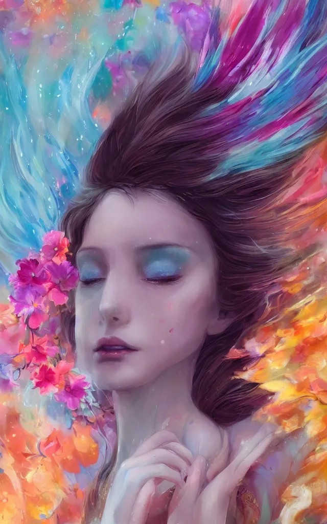 Image similar to a colorful and provenance portrait painting of angel with her hugeflowers wings spread out gracefully, highly saturated colors, teardrop eyes open, highly detailed, hair made of hair made of air wind and curling smoke, mist, dust, genie, flowers, flower, spirit fantasy concept art, art by charlie bowater and aenami, trending on artstation.