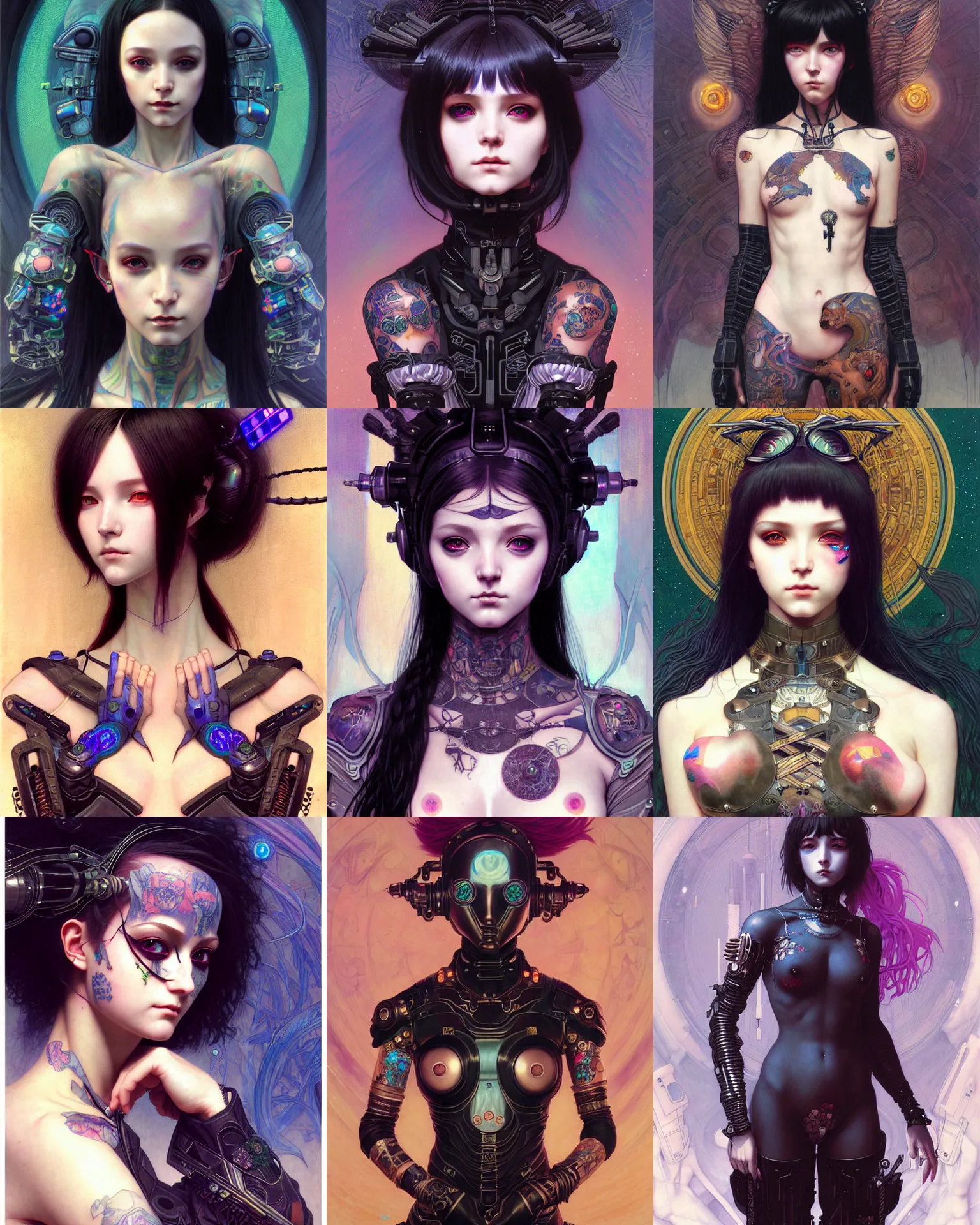 Prompt: portrait of beautiful cute cyberpunk witch maiden girl in tattoos in futuristic armor, high details, art by ( ( ( kuvshinov ilya ) ) ) and wayne barlowe and gustav klimt and artgerm and wlop and william - adolphe bouguereau