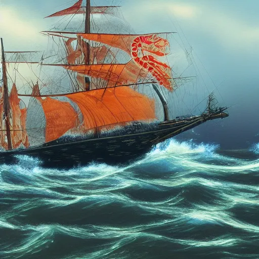 Image similar to grand maori ship fantasy high seas rain wind moody