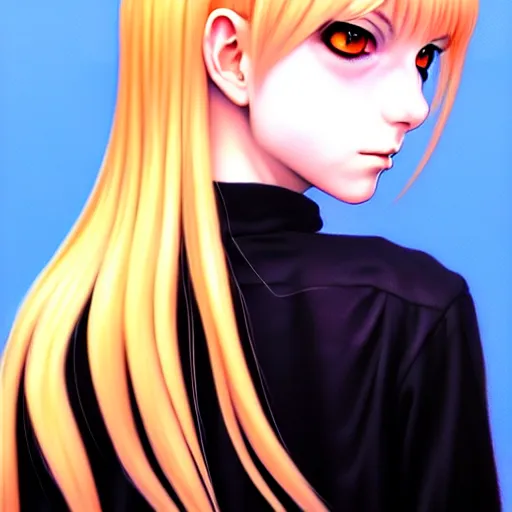 Prompt: a hyperrealistic oil painting image of a bored blonde goth girl looking straight ahead, by range murata, super detailed, 8 k uhd digital wallpaper quality