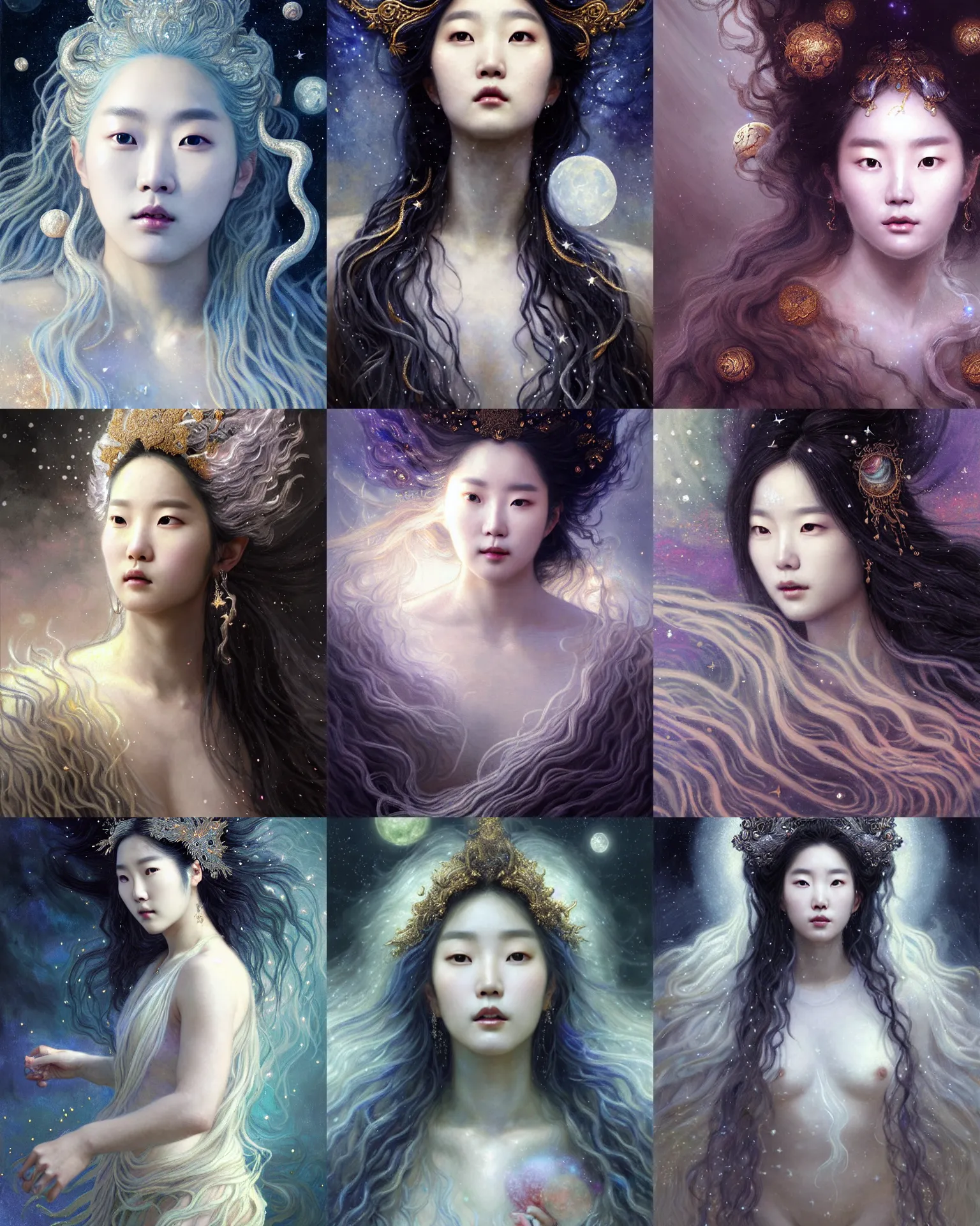 Prompt: baroque neoclassicist closeup portrait of lee jin - eun as a beautiful moon goddess with stars in her flowing hair, reflective detailed textures, glittering multiversal ornaments, dark fantasy scifi painting by greg rutkowski, claude monet, ross tran, conrad roset, takato yomamoto, dramatic lighting, gleaming silver and soft rich colors