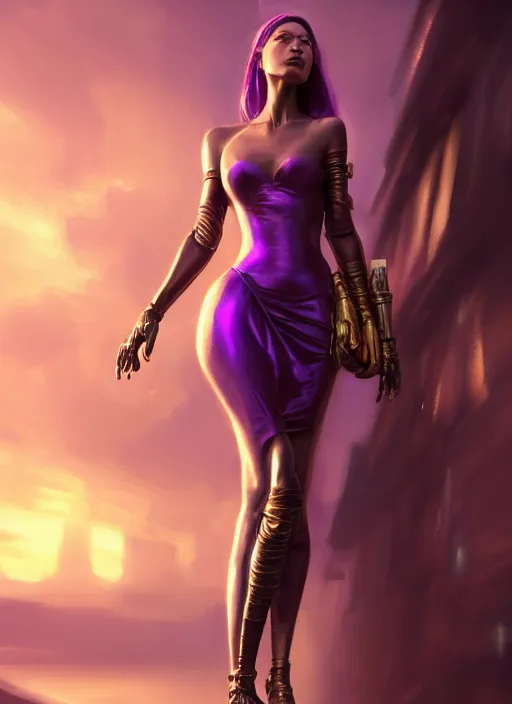 Image similar to young woman wearing dress : : purple - gold streets cyberpunk : : weta disney pixar movie still photo : : decadent highly - detailed digital painting, heroic pose, full length shot, golden ratio, octane render, artstation, smooth, sharp focus, artgerm, mucha, loish, wlop, gogo