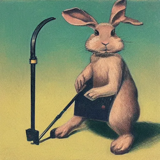 Image similar to a rabbit using a metal detector, in the style of ilya repin