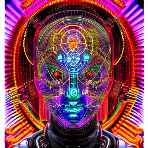 Prompt: hyperdetailed masterpiece portrait of a cyberpunk robot, cyborg covered in colorful glowing holy geometry and chakras, cables and tubes from the ears, symmetrical, 8 k, halluzinogenic