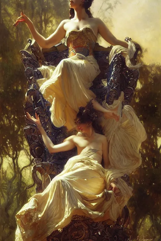 Image similar to full body portrait of blind muse astride her throne, highly detailed painting by gaston bussiere, craig mullins, j. c. leyendecker, 8 k, mid shot