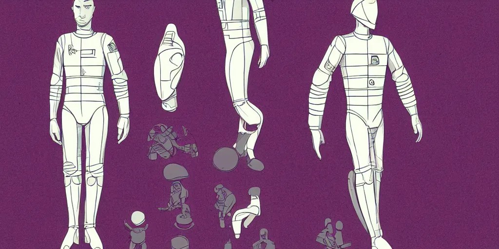 Image similar to male, space suit, character sheet, concept art, very stylized, large shoulders, short torso, long thin legs, cartoon proportions, tiny feet, concept design, by jean giraud