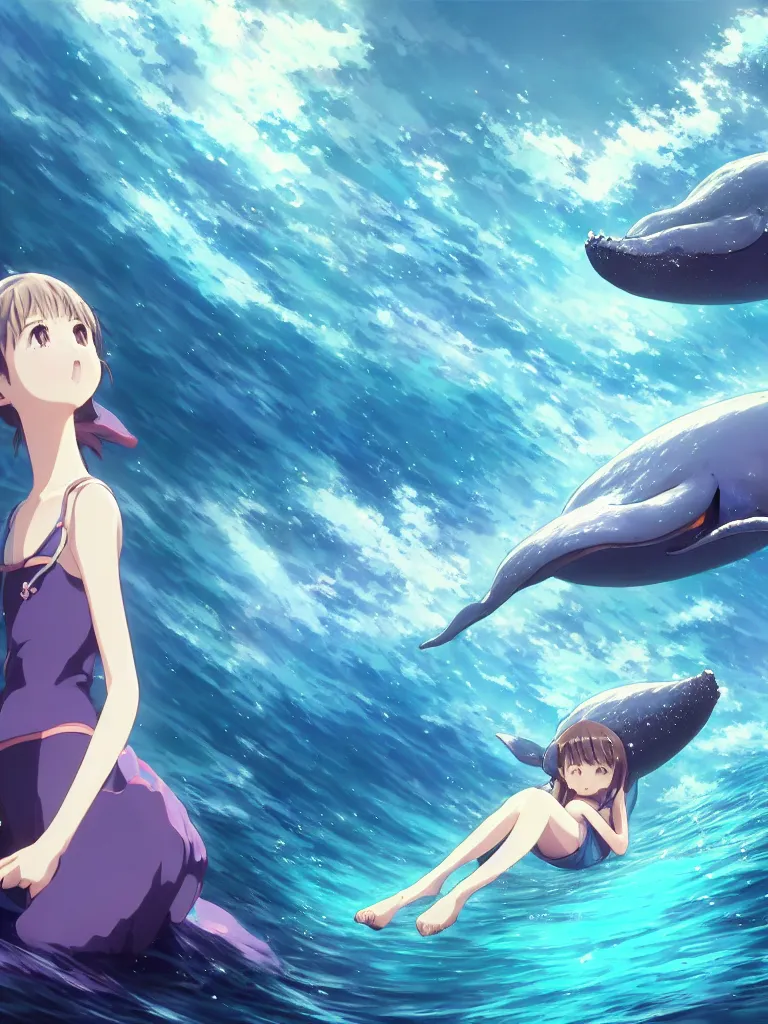 Prompt: a panorama view under the water, anime art full body portrait character concept art, hyper detailed cg rendering of a cute girl and whale, anime key visual of children of the sea, finely detailed perfect face, style of raphael lacoste, makoto shinkai, violet evergarden, studio ghibli, james jean, hayao miyazaki, extremely high quality artwork