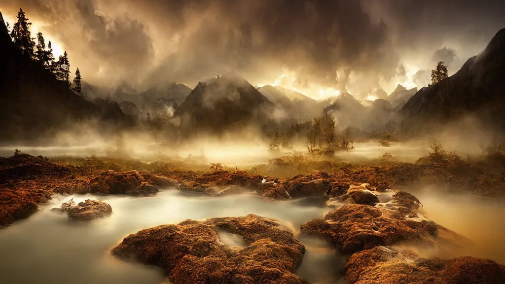 Image similar to amazing landscape photo of natural hot springs by marc adamus, beautiful dramatic lighting