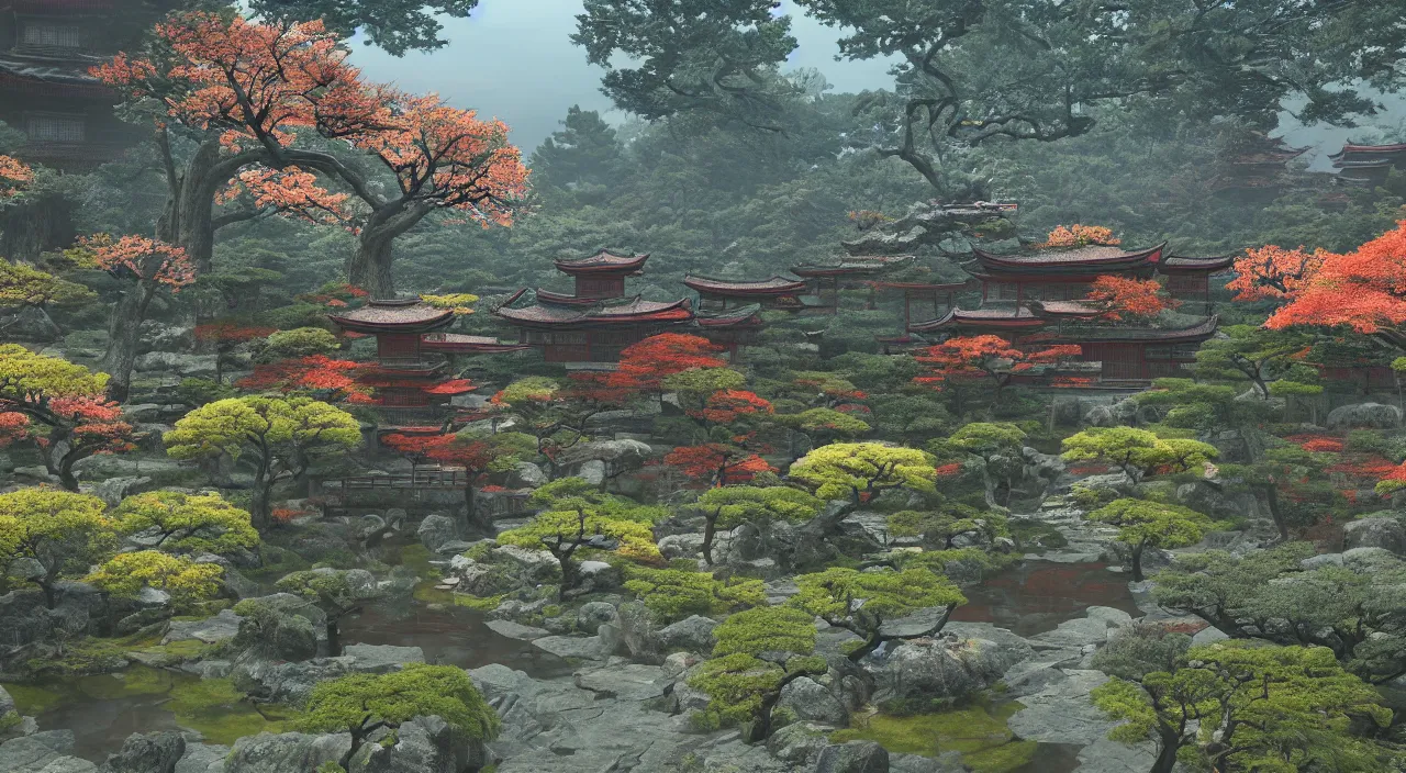 Image similar to Japanese garden at dusk based on the style of the game Sekiro, colorful, very detailed, realistic, photo