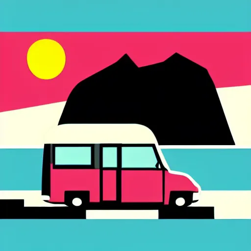 Prompt: a white and black cute thor chateau! motorhome camper!!, highway, colorful mountains and sunset!!, very happy, minimal vector sticker by tom whalen, sanja stikovic