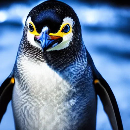 Image similar to portrait photo of a penguin as a jedi, blue and yellow lighting, dark, cinematic, high quality, 4 k