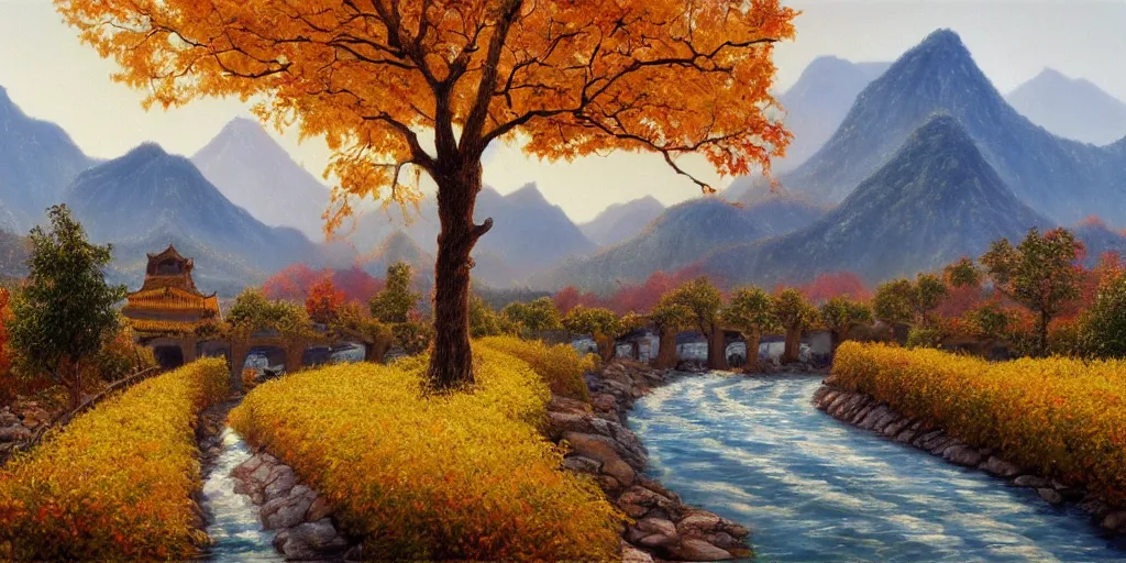 Image similar to painting of a FANTASY winery in BEIJING autumn, with a river winding through them. In the distance, there are mountains. by bob ross, Albert Bierstadt, oil on canvas, real photo taken with Polaroid camera, immaculate scale, hyper-realistic, trending on Artstation, 8k, detailed, atmospheric, immaculate