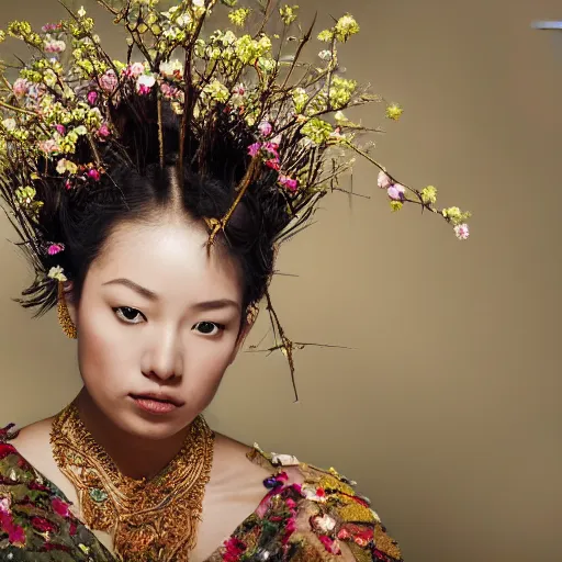 Image similar to photography of the asian queen sitting in the flower thorn, beautiful face, masterpiece costume, jewellery, high quality, elegant, emotionally touching, cool, deep gaze, mystery, tenderness, joe mcnally style