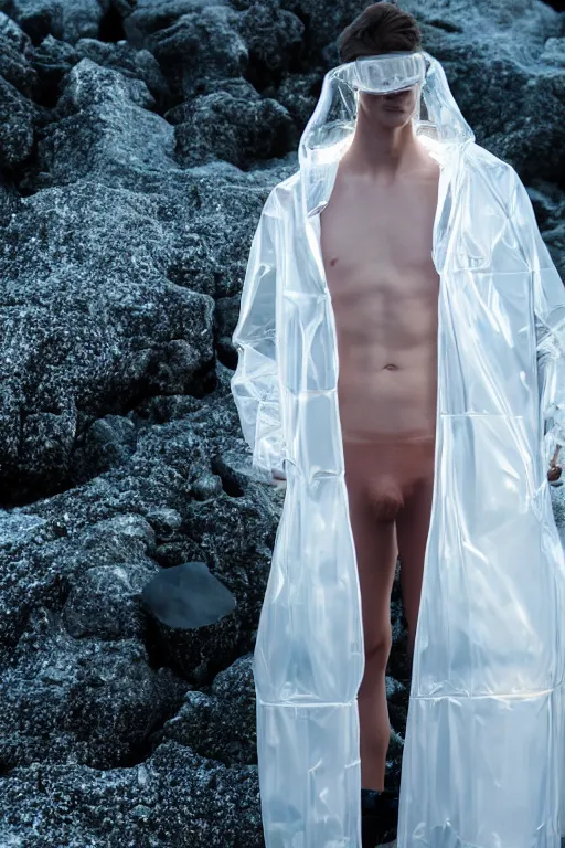 Image similar to an ultra high definition professional high fashion portrait studio full length photograph of a male model wearing a transparent pearlescent raincoat and neon visor planking in an icelandic black rock environment at dawn. no artefacts. extremely detailed. stark. refraction. shallow depth of field. volumetric light and shadow. ray tracing. light rays.