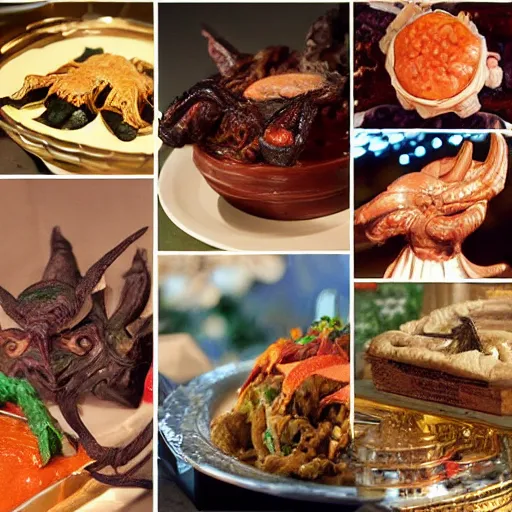 Image similar to an lavish alien buffet with the following dishes : gul dukat torte, barbecued machine elf, buffalo angel's wings, mesculine coral, nutrino goulash, and tesseract pot pie