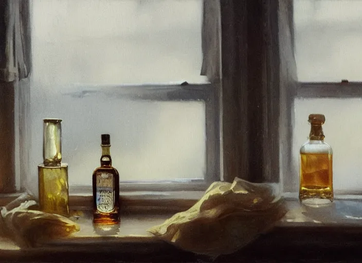 Image similar to oil painting of whiskey bottle, malt, barley plants, grain, art by anders zorn, wonderful masterpiece by greg rutkowski, beautiful cinematic light, backlit, window cast shadows, american romanticism by greg manchess, creation by tyler edlin