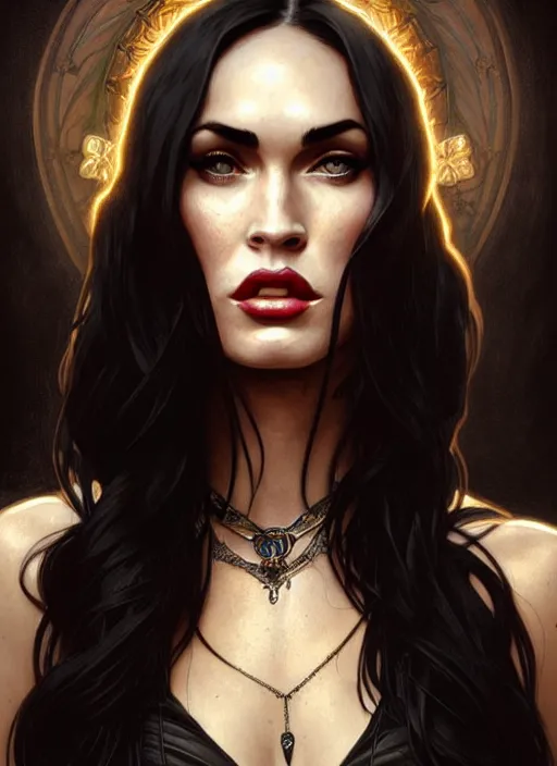 Image similar to portrait of megan fox as a vampire queen, jewelry, greek, black, intricate, headshot, highly detailed, digital painting, artstation, concept art, sharp focus, cinematic lighting, illustration, art by artgerm and greg rutkowski, alphonse mucha, cgsociety