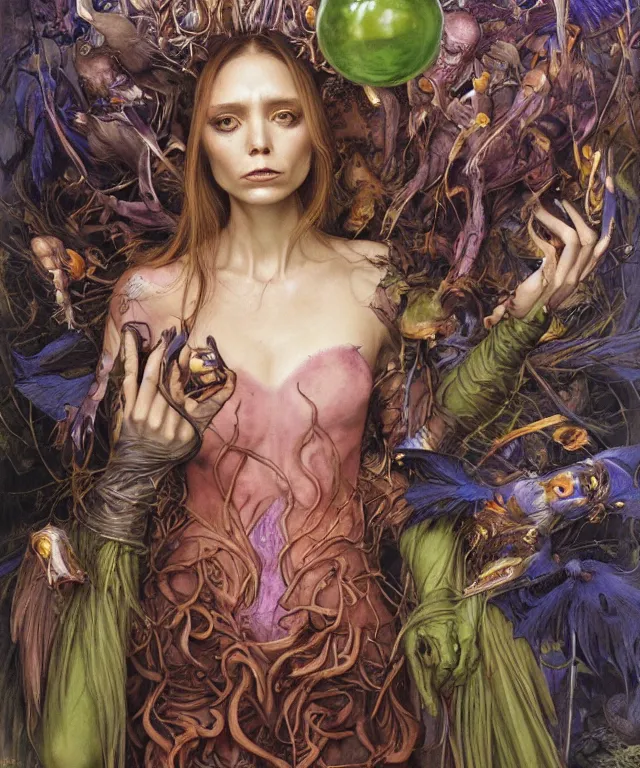 Image similar to a portrait photograph of a fierce mutated harpy super villian with slimy skin. she looks like elizabeth olsen and is meditating in a colorful infected bulbous shiny organic catsuit. by donato giancola, hans holbein, walton ford, gaston bussiere, peter mohrbacher and brian froud. 8 k, cgsociety, fashion editorial