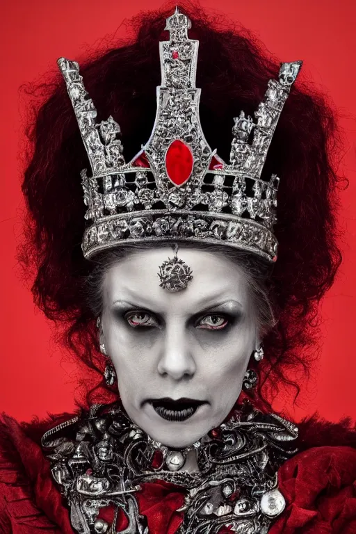 Image similar to a queen with half skull with an red crown, hints of silver jewelry, gothic, eerie, intricate detail, dramatic lighting, fire, red, 8 k