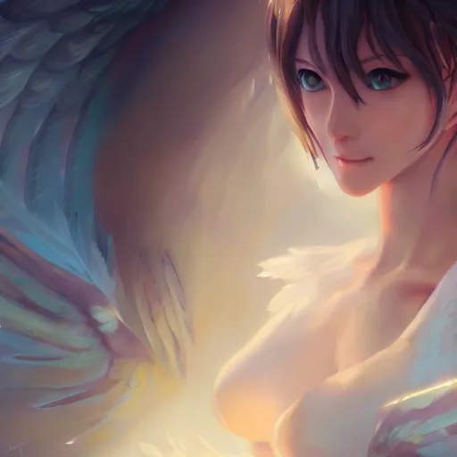 Image similar to an oil painting of a beautiful anime girl with angel wings, by artgerm, wlop and greg rutkowski, hd, hdr, ue 5, ue 6, unreal engine 5, cinematic 4 k wallpaper, 8 k, ultra detailed, high resolution, artstation, award winning