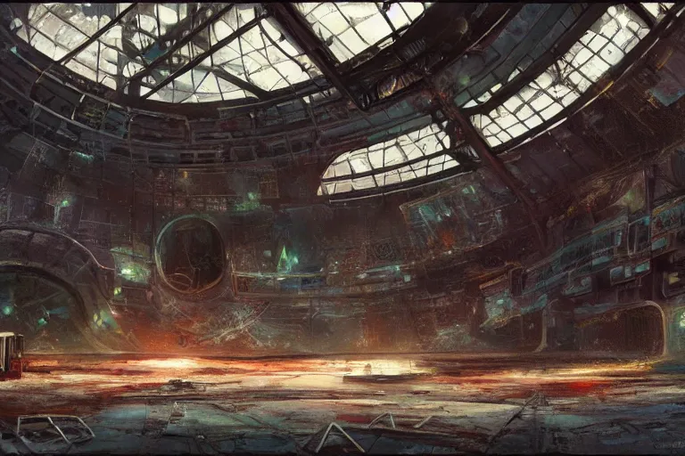 Image similar to A beautiful painting of inside in abandoned rusty space station from kindzadza, Trending on artstation.