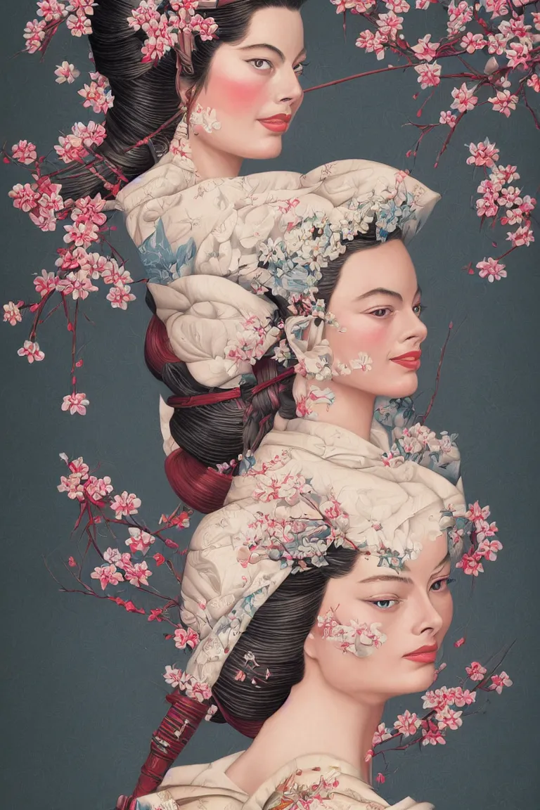 Prompt: a beautiful ultradetailed fine art illustration of margot robbie as a geisha with a hattori hanzo sword by kevin sloan, long wavy hair, surrounded by cherry blossoms, trending in artstation, muted tones