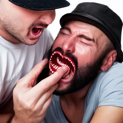 Image similar to hat with eyes mouth and teeth biting onto the top of a man's head, man is shouting in pain, funny professional photo