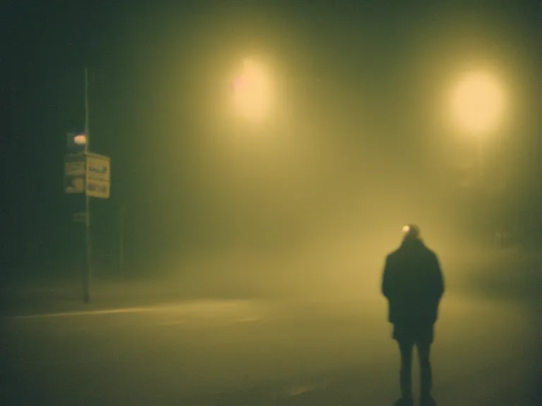 Image similar to kodak gold 2 0 0 film photograph of a vagrant at night volumetric fog