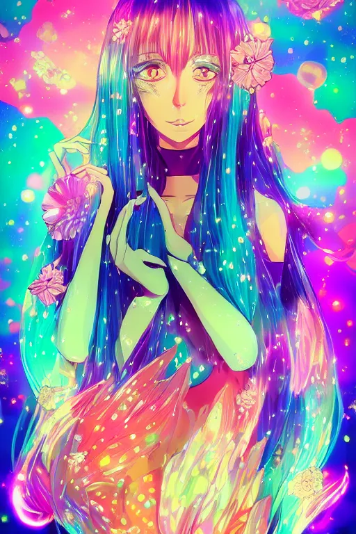 Prompt: psychedelic, whimsical, anime, 4k, beautiful intimate woman with professional makeup, long trippy hair, a crystal and flower dress, bathing in a reflective crystal lake, surrounded by gems, underneath the stars, rainbow fireflies, trending on patreon, deviantart, twitter, artstation, volumetric lighting, heavy contrast, art style of Ross Tran and Ilya Kuvshinov