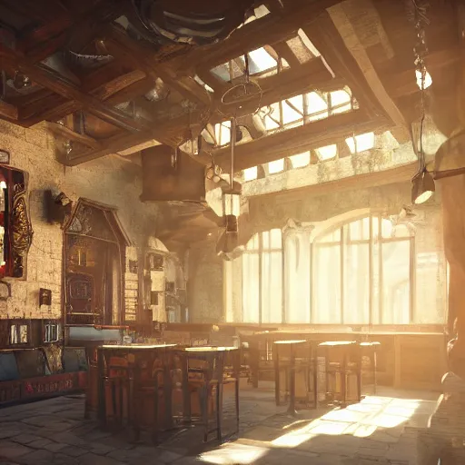 Prompt: ultra mega super hyper realistic Digital concept interior design of tavern in Cyberpunk style mixed with medieval style. Natural white sunlight from the transperient roof . Rendered in VRAY and DaVinci Resolve and MAXWELL and LUMION 3D, Volumetric natural light