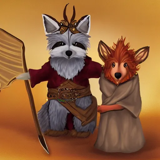 Prompt: a foxfolk wizard druid as a furry muppet plush wearing a fancy elven cloak and holding a sentient scimitar