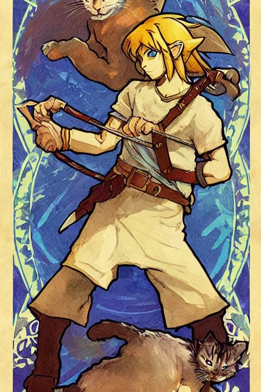 Image similar to link from The Legend of Zelda: Breath of the wild playing with a cat by and mucha,geometric shapes, hard edges ,Visual Communication Design