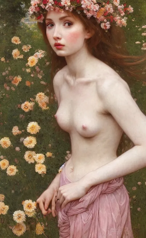 Image similar to a realistic oil painting of a girl resembling karen gillan, covered in flowers, highly detailed, intricate, detailed background, artstation, by mucha, by william adolphe bouguereau, by waterhouse