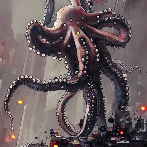 Prompt: Octopus playing R&R drum kit, cyberpunk, realistic, detailed, Industrial Scifi, paint, watercolor, in the style of Ashley Wood and Wadim Kashin
