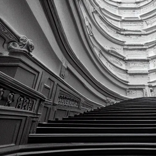 Image similar to black and white surreal photograph, highly detailed vast space made of stairsteps, sideview, detailed textures, natural light, mist, architecture photography, film grain, soft vignette, sigma 1 4 mm f / 1. 4 1 / 1 0 sec shutter, darren aronofsky film still promotional image, imax 7 0 mm footage