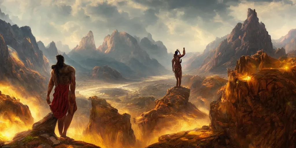 Prompt: A stunning cinematic painting of an ancient valley with a giant human demi-god made of rock and energy looking over it