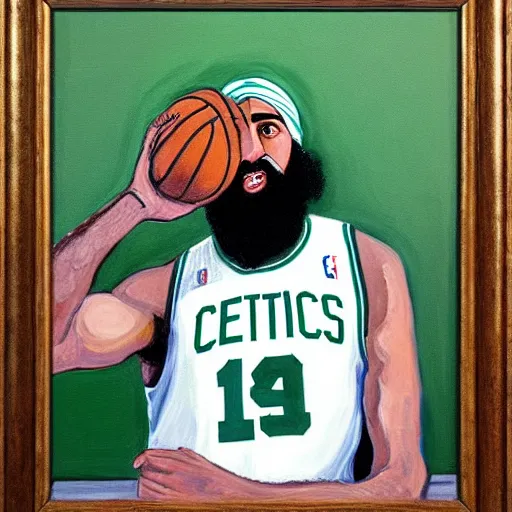 Image similar to facial portrait of osama bin laden shooting free throws, boston celtics, oil on canvas by william sidney mount