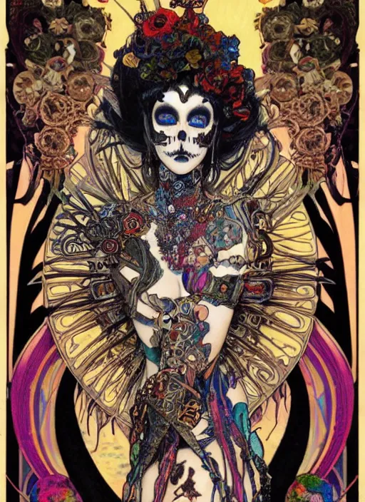 Prompt: cute punk goth fashion fractal Día de los Muertos tattooed alien girl posing, psychedelic poster art of by Victor Moscoso Rick Griffin Alphonse Mucha Gustav Klimt Ayami Kojima Amano Charlie Bowater, masterpiece