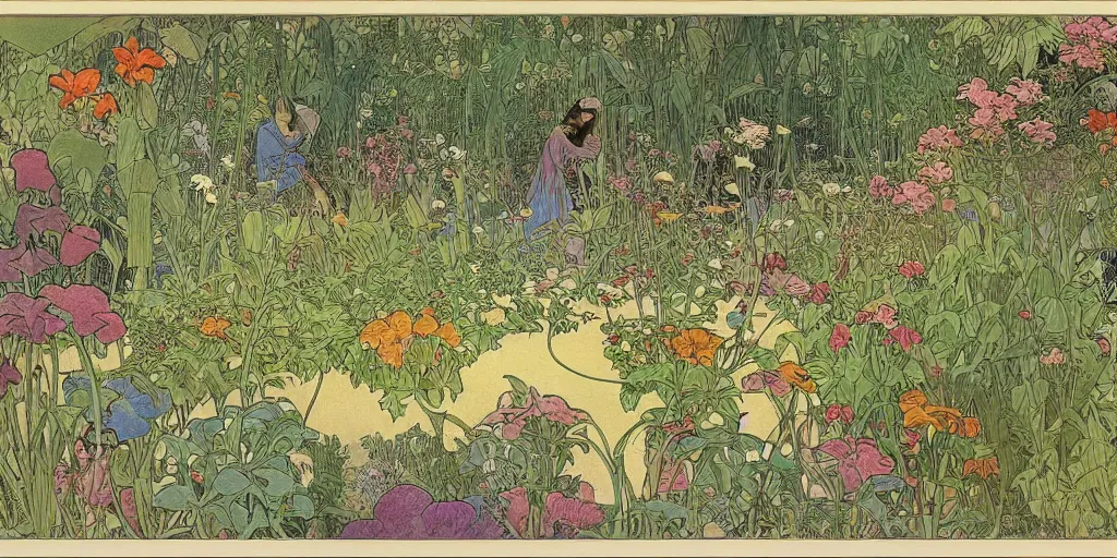 Image similar to an illustration of a beautiful garden, isometric view, painted by moebius and james jean and alphonse mucha