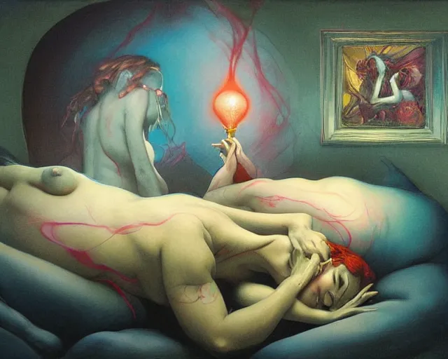 Prompt: lovers merging into a bed, single light bulb and a figure praying in the style of Franics Bacon, Ayami Kojima, Amano, Karol Bak, Greg Hildebrandt, and Mark Brooks, Neo-Gothic, gothic, rich deep colors. Beksinski painting. Todd Hido, Edward Hopper, vibrating eerie palette of Mark Rothko, Cy Twombly