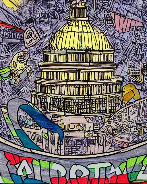 Prompt: manga color drawing of a giant anarchist graffiti on the dome of the capitol building, epic photography, dystopin future , 8k