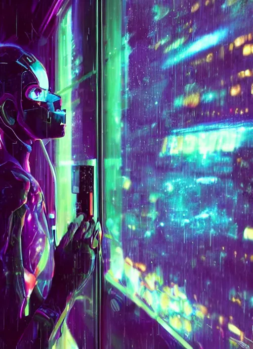 Image similar to one cyber godly person made of cosmic nebula galaxy energy watching a rainy colorful dark complex cyberpunk futuristic city from behind at night through a window in a room, reflections, high contrast, 8 k, photorealistic, concept art, wet, highly detailed, cinematic mood by ridley scott, ghost in the shell, trending on artstation, glowing lights, sharp focus, epic