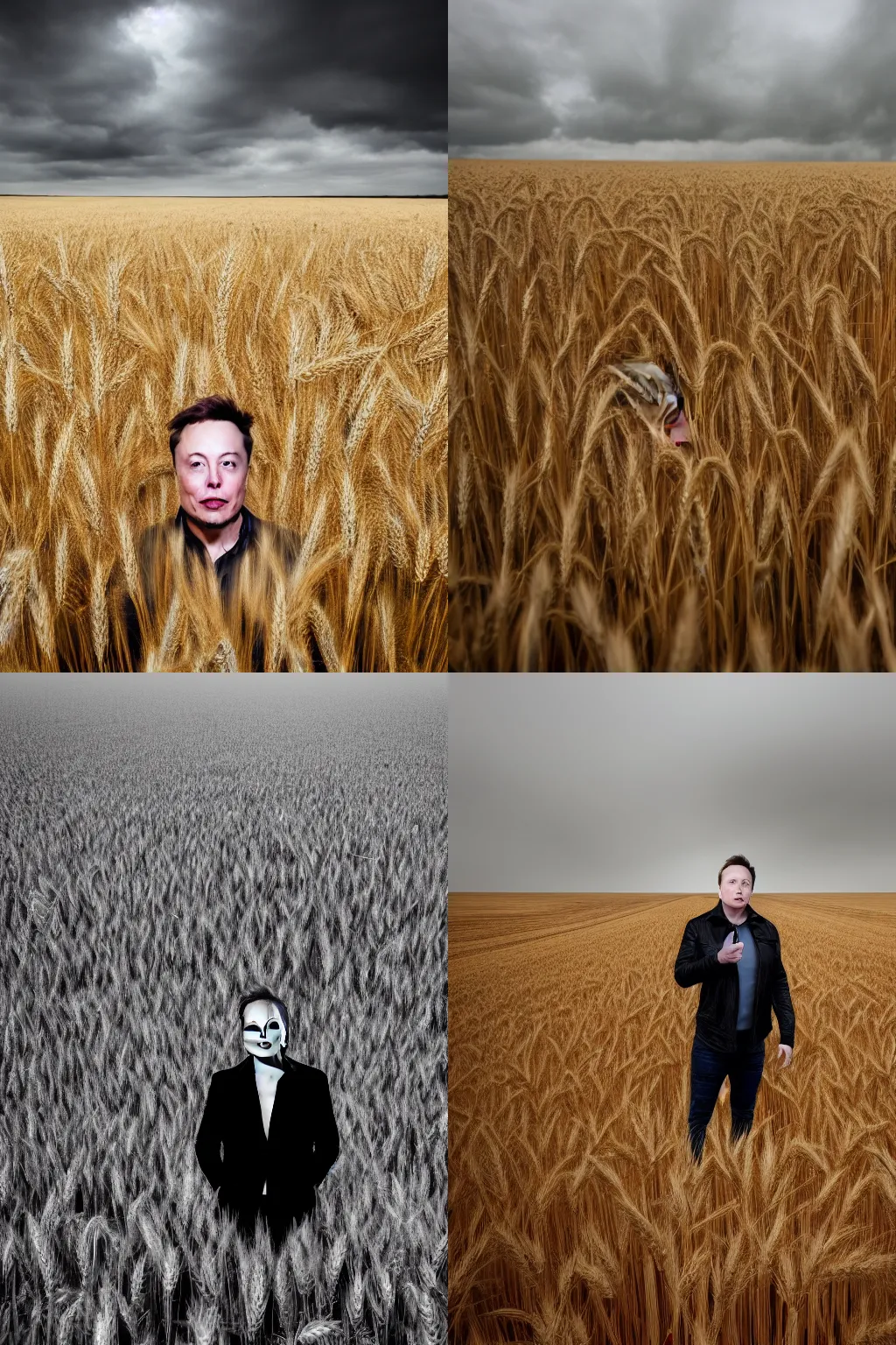 Prompt: photo of Elon Musk's head popping out of a wheat field and looking straight into the camera on an overcast day, dark, bad weather, gloomy, moody, creepy, 4k, high quality