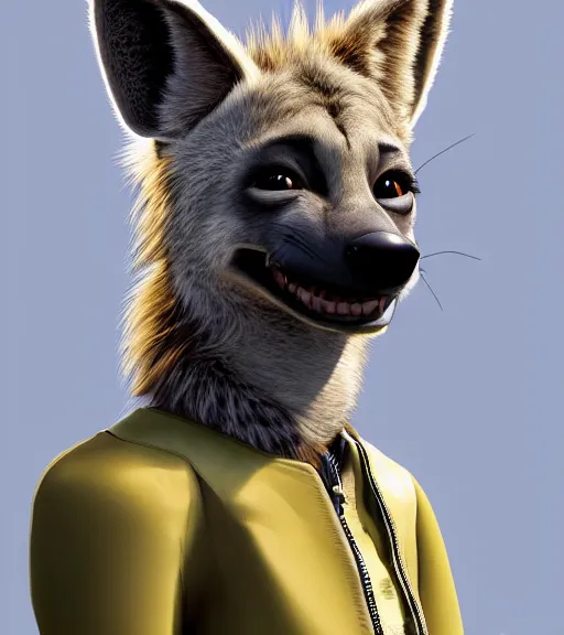 Image similar to digital detailed portrait of anthromorphic female hyena, in style of zootopia, fursona, furry, furaffinity, 4 k, deviantart, wearing astronaut outfit, in style of disney zootopia, floating in space, space background, in deep space, dark background, hyena fursona, cyberpunk, female, detailed face, style of artgerm,