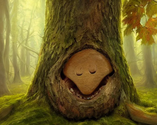 Image similar to a talking tree, a smiling face in the bark, nose made of wood, mouth in the bark, fantasy concept art, oil painting, hyperrealistic, highly detailed, artstation, cgsociety, in the forest