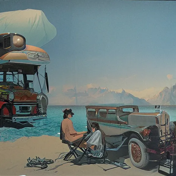 Image similar to Camping with rv by the beach, art nouveau matte painting, highly detailed,