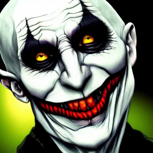 Image similar to voldemort as the joker, highly detailed, photorealistic, hyper detailed