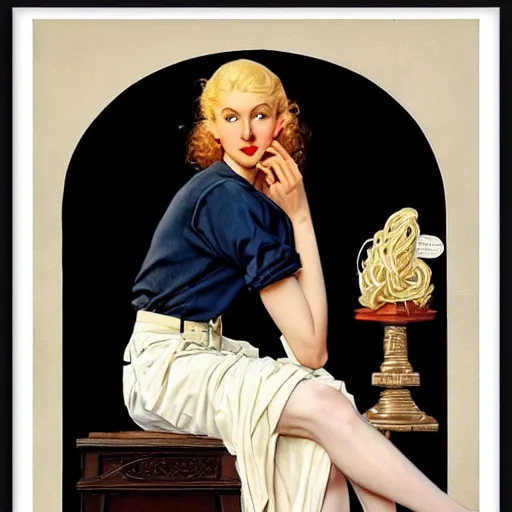 Prompt: beautiful painting of the androgynous pale blond prince Lucius with long curly blond hair, delicate young man wearing a soft white poet shirt and a black miniskirt and heels, pinup poster by J.C Leyendecker and Norman Rockwell