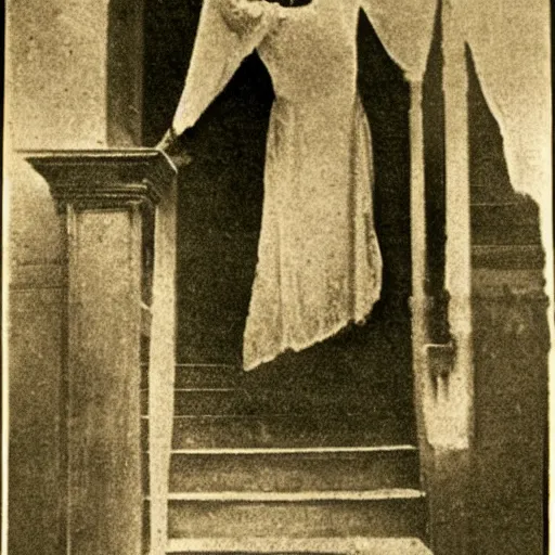 a scary victorian ghost woman on a stairway, 1898, | Stable Diffusion